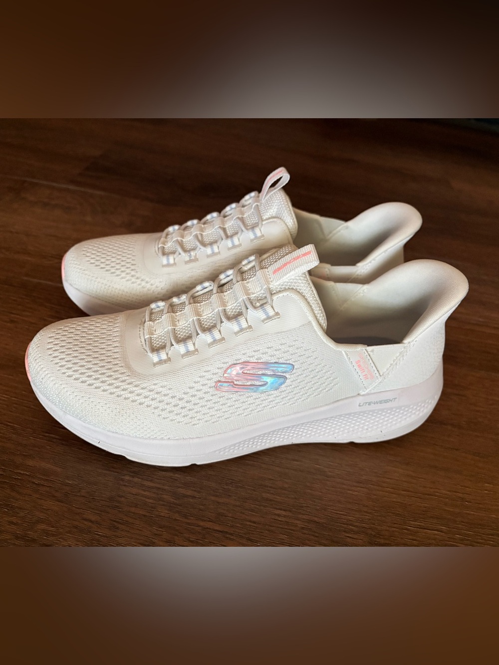 Skechers White Slip-On Knit Sneakers with Iridescent Logo Accent